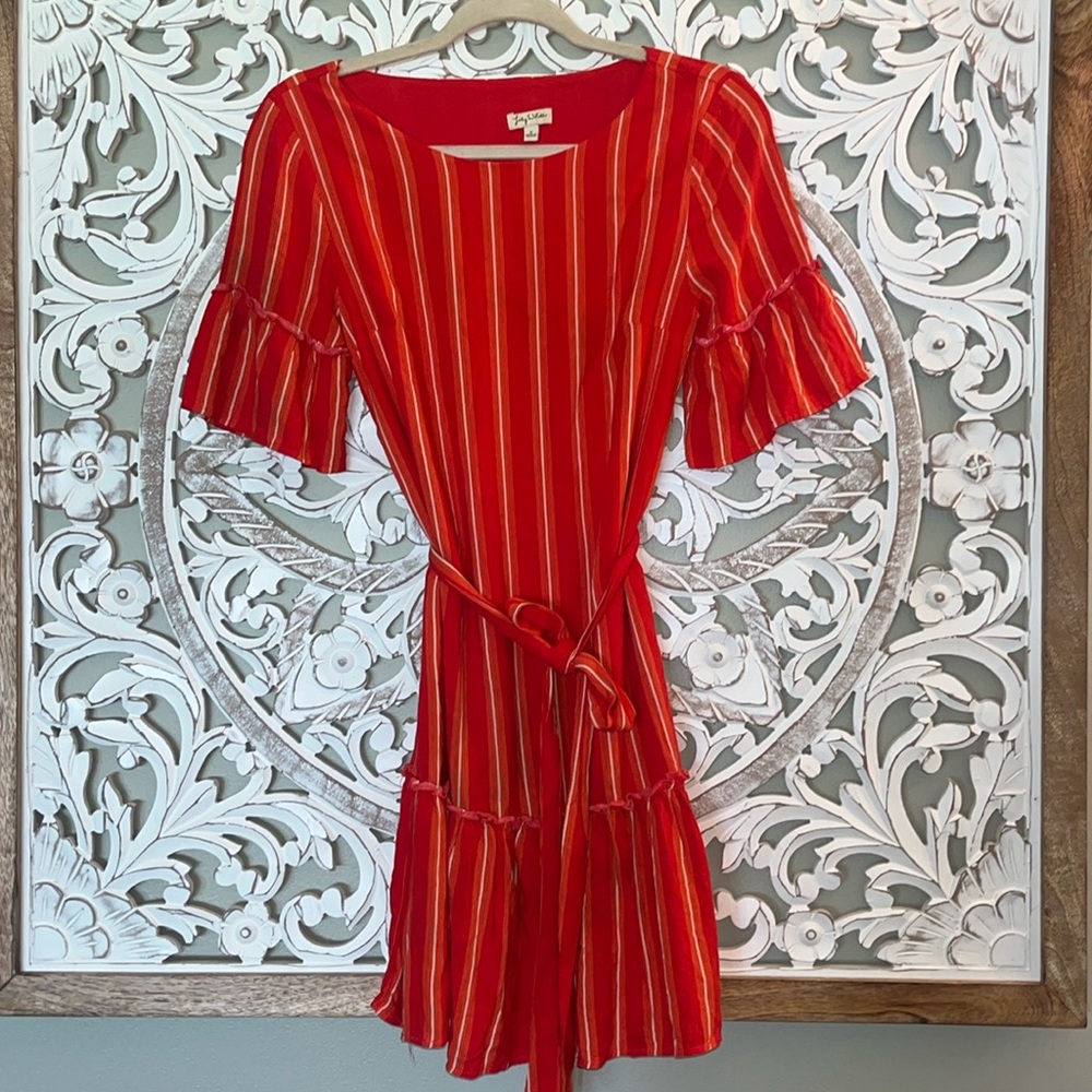 Lily White Red with White stripes ruffled hip tie dress sz S
